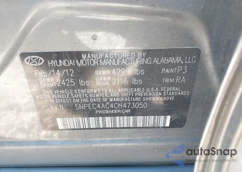 2012 Hyundai Sonata Se z USA, uszkodzony, nr VIN 5NPEC4AC4CH473050